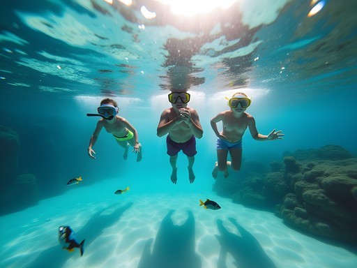 Family snorkeling in clear turquoise waters near Frederiksted beach