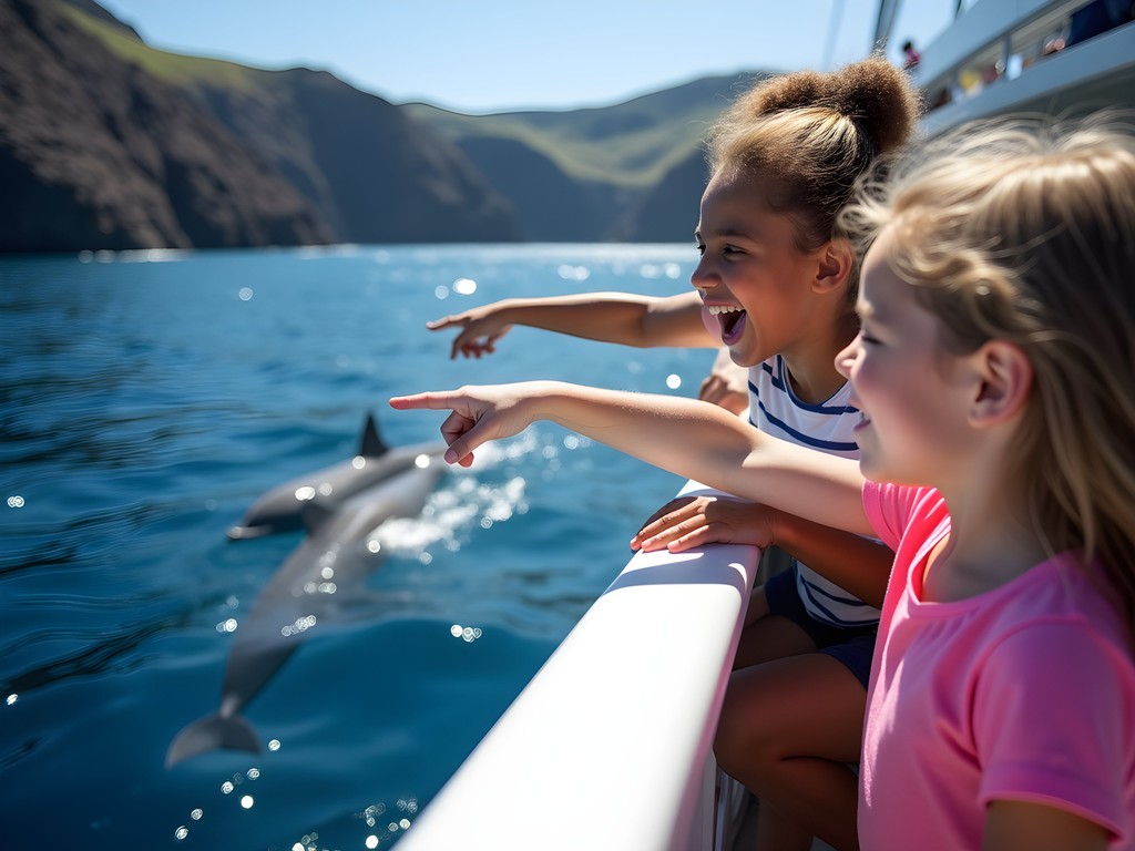 Family excitedly watching dolphins from catamaran boat off Madeira coast