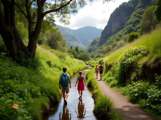 Family hiking along scenic levada trail surrounded by Madeira's lush vegetation