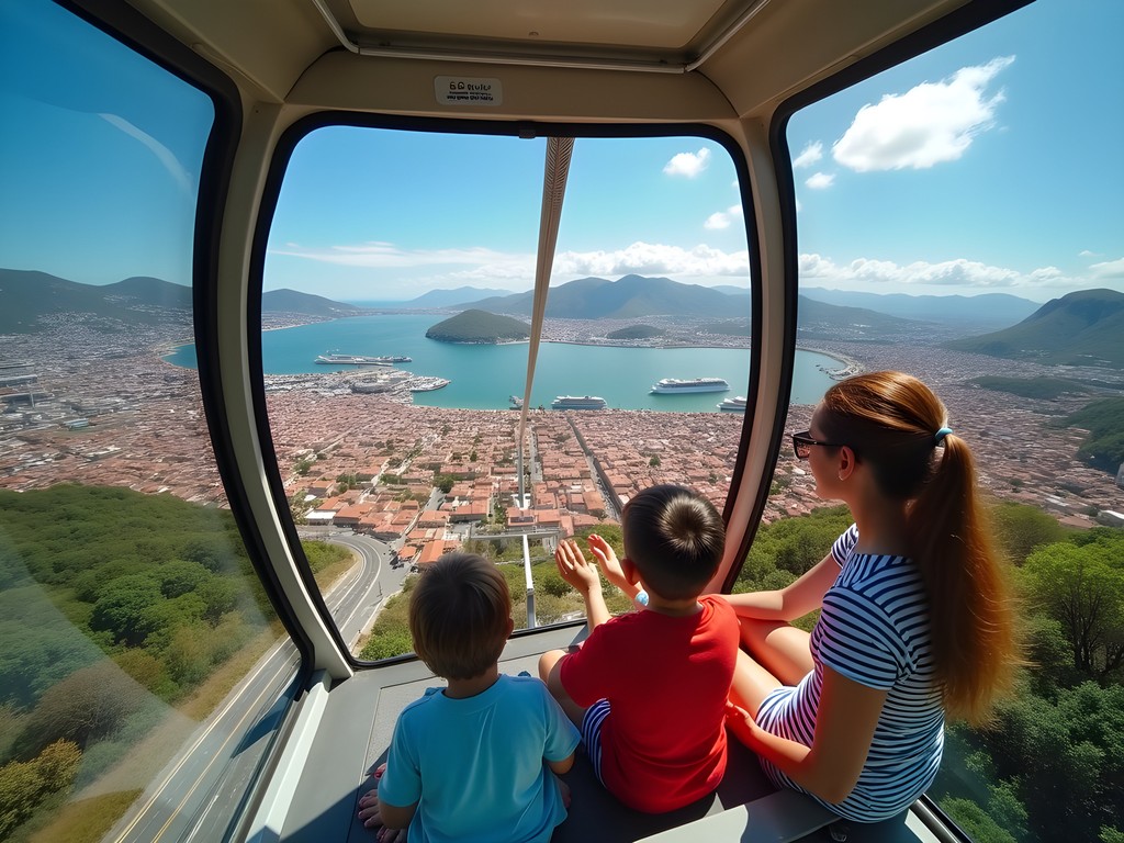 Family enjoying panoramic views from Funchal cable car over the city and harbor
