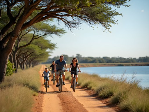 Family cycling along Gaborone Dam perimeter path with water view