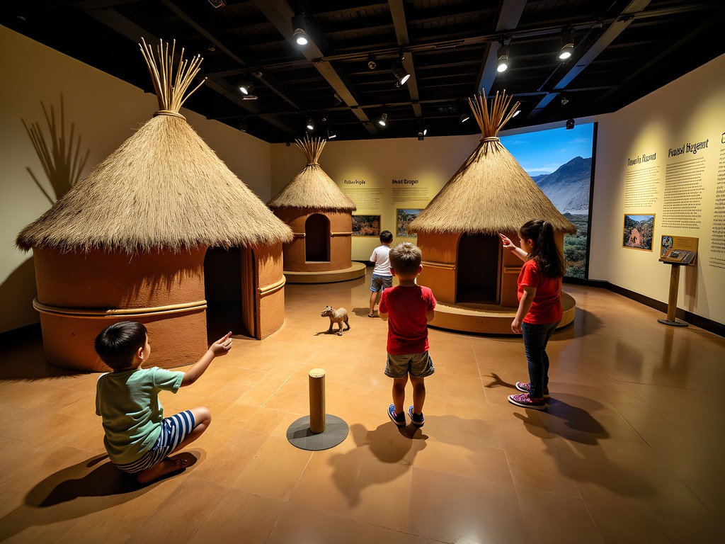 Child exploring interactive traditional architecture exhibit at Gaborone National Museum