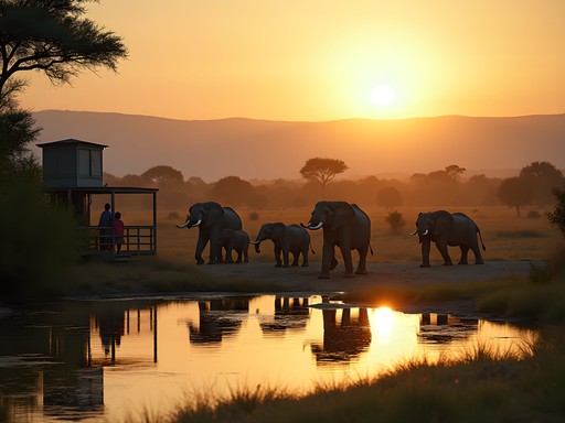 Family observing elephants at engineered waterhole in Khutse Game Reserve