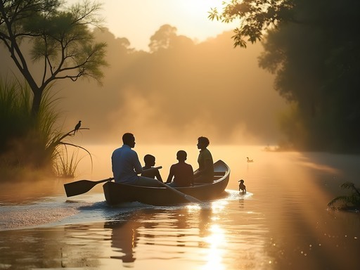 Family canoe excursion spotting wildlife on the Corubal River, Guinea-Bissau