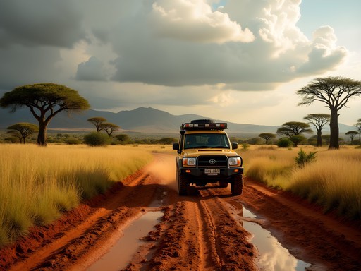 4WD vehicle navigating rural road near Gabu during rainy season