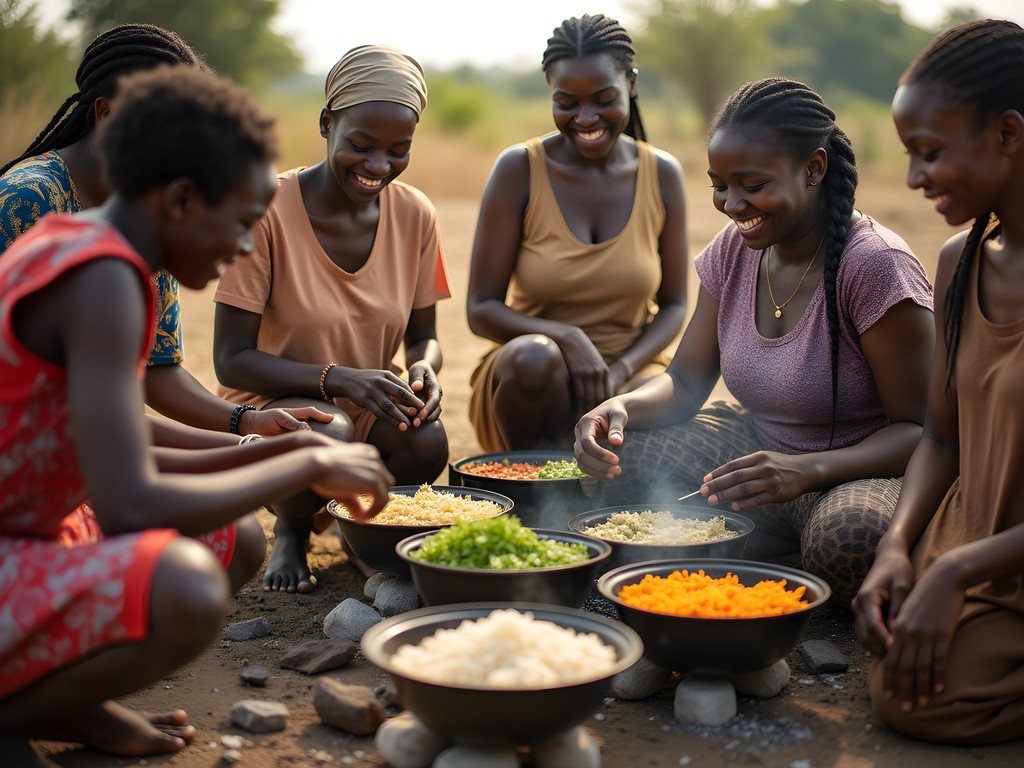 Family learning traditional cooking techniques from local women in Gabu village
