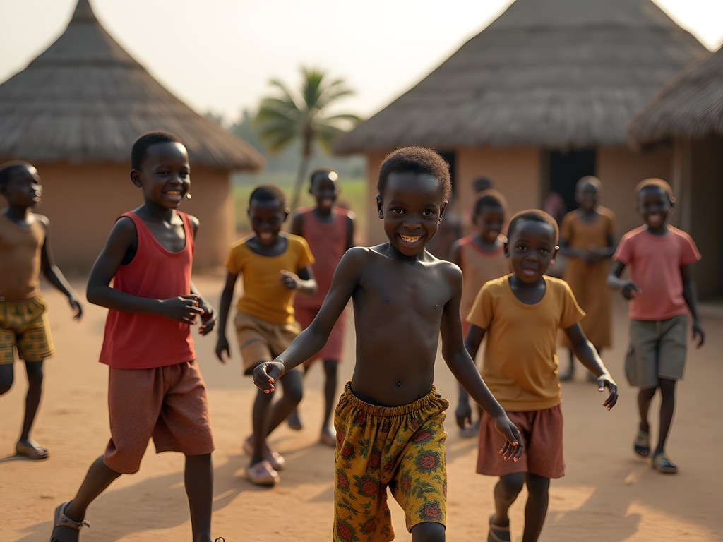 Children from different cultures playing together in a rural Gabu village