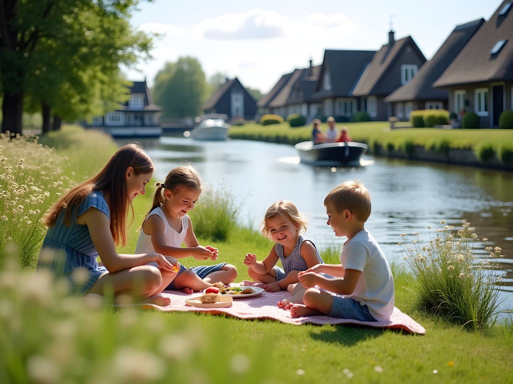 Family enjoying a picnic beside Giethoorn's canals