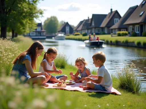 Family enjoying a picnic beside Giethoorn's canals