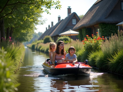 Family enjoying a whisper boat ride through Giethoorn's canals