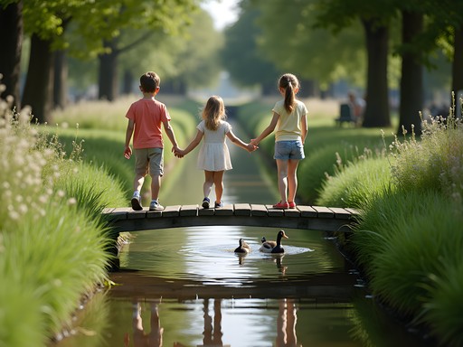 Children crossing wooden footbridges in Giethoorn