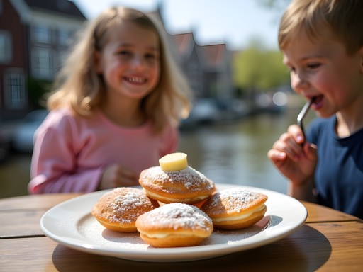 Children enjoying traditional Dutch poffertjes (mini pancakes) at outdoor cafe in Giethoorn