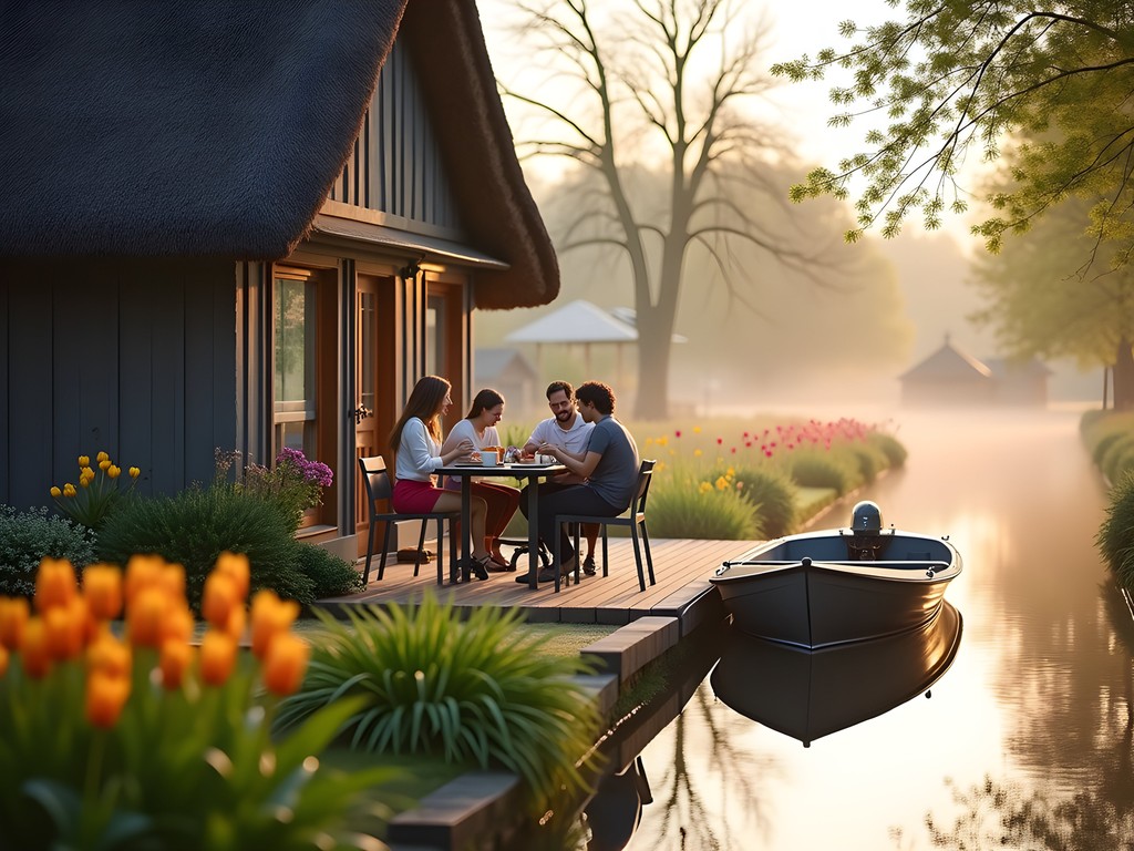 Family enjoying breakfast outside traditional thatched cottage accommodation along Giethoorn canal