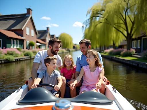 Family enjoying an electric boat ride through Giethoorn's scenic canals in spring