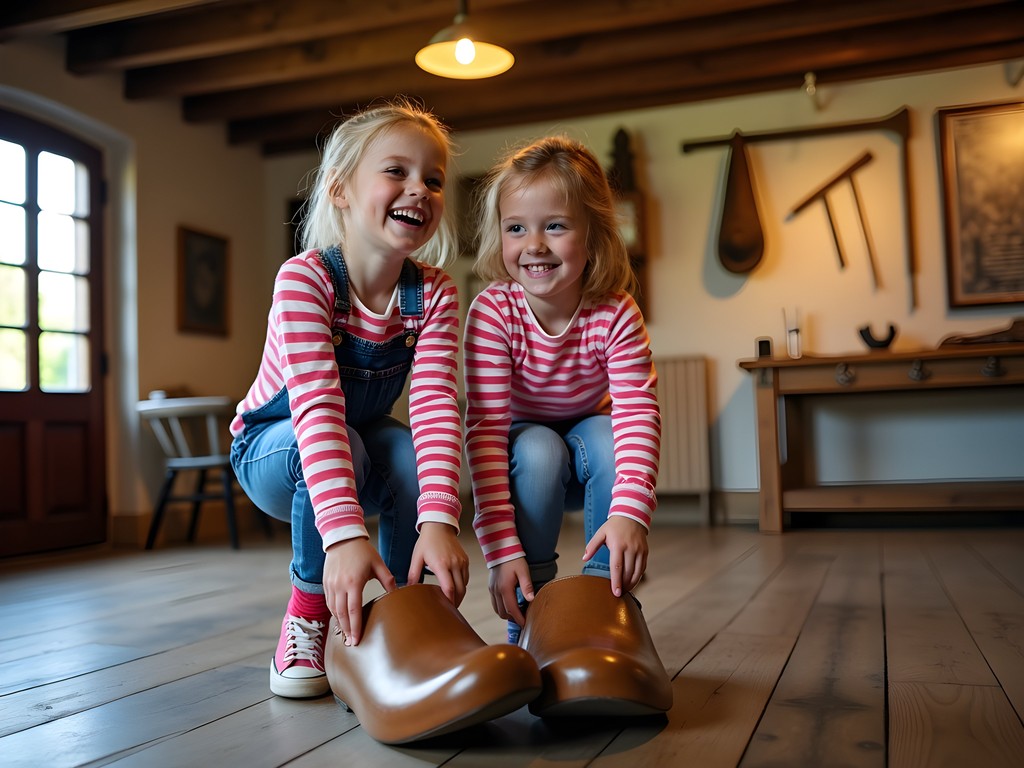 Children trying on traditional Dutch wooden shoes at 't Olde Maat Uus museum in Giethoorn