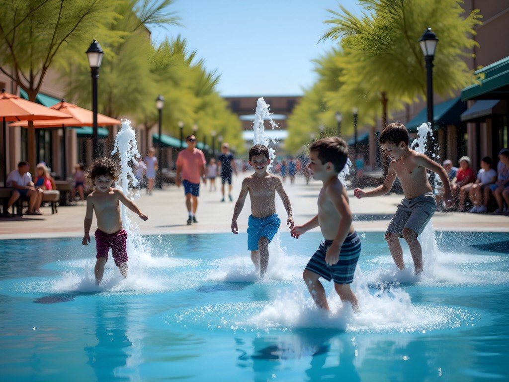 Children playing in splash pad at Westgate Entertainment District in Glendale