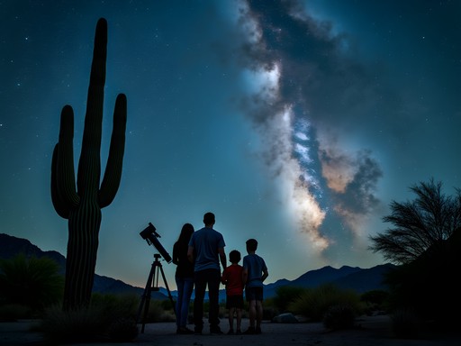 Family stargazing with telescope in Arizona desert at night