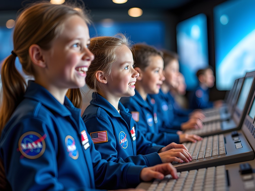 Children participating in space mission simulation at Challenger Space Center Glendale