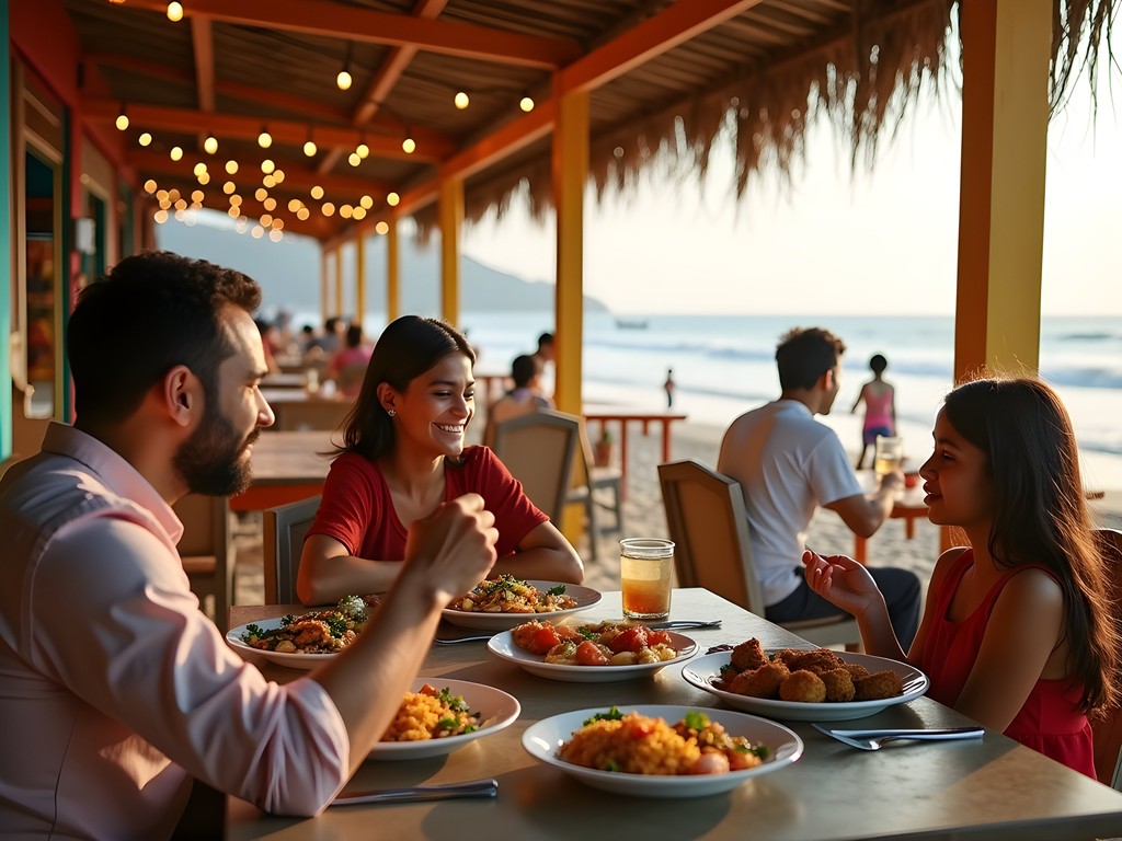 Family enjoying meal at colorful beach shack restaurant in Goa with ocean view