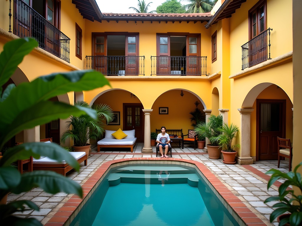 Portuguese-style heritage home accommodation in Goa with family relaxing in courtyard