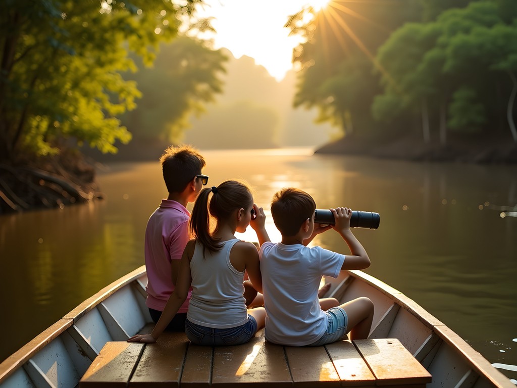 Family on boat tour spotting wildlife in Mandovi River backwaters of Goa