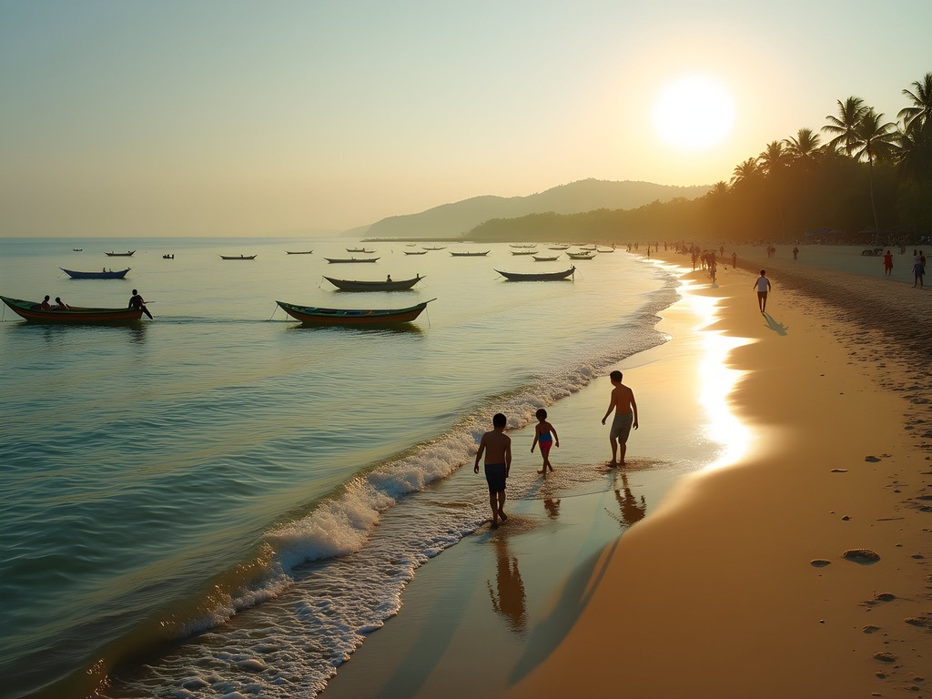Family enjoying sunrise at Palolem Beach in Goa with calm waters and colorful fishing boats