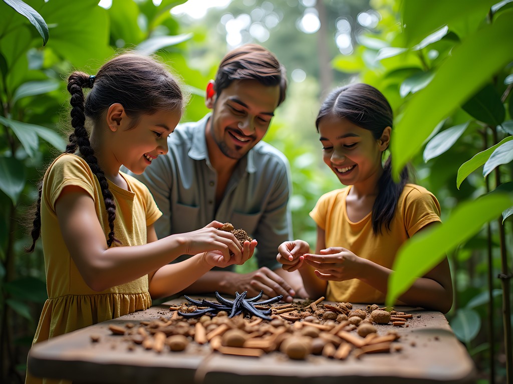 Children learning about spices at Goan spice plantation with guide showing vanilla pods