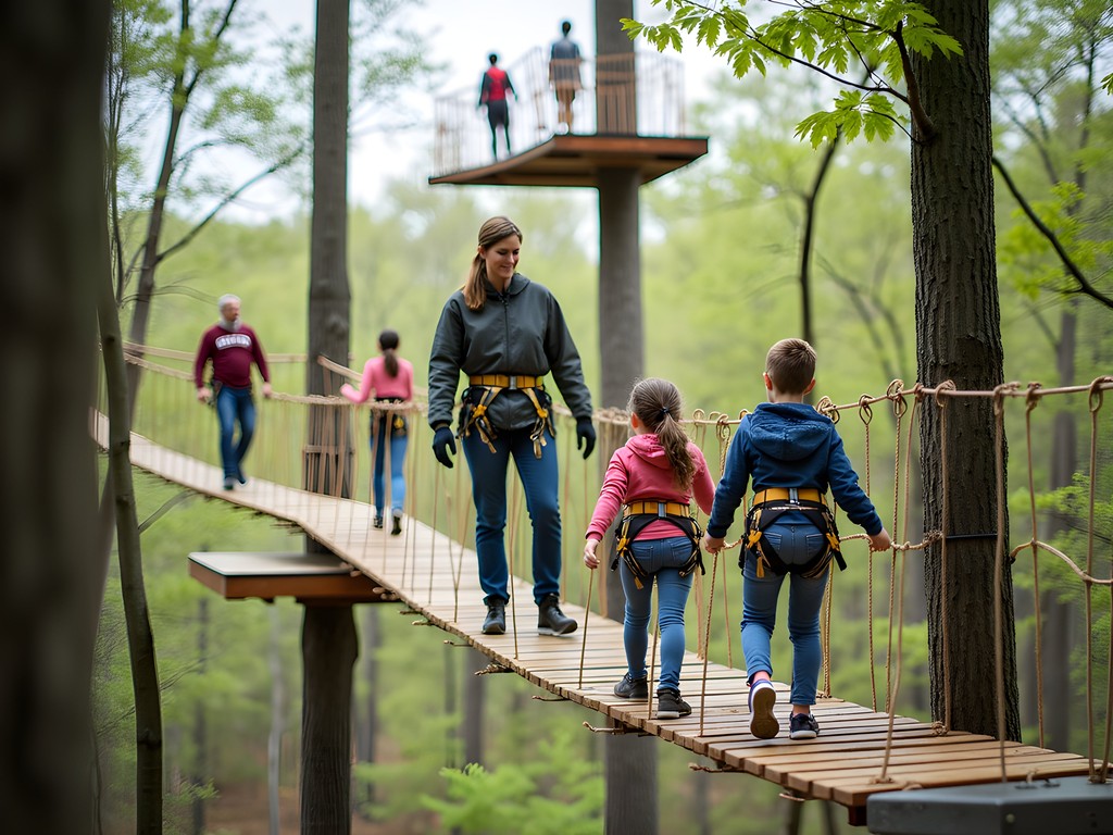 Family enjoying the SKYWILD aerial adventure course at Greensboro Science Center