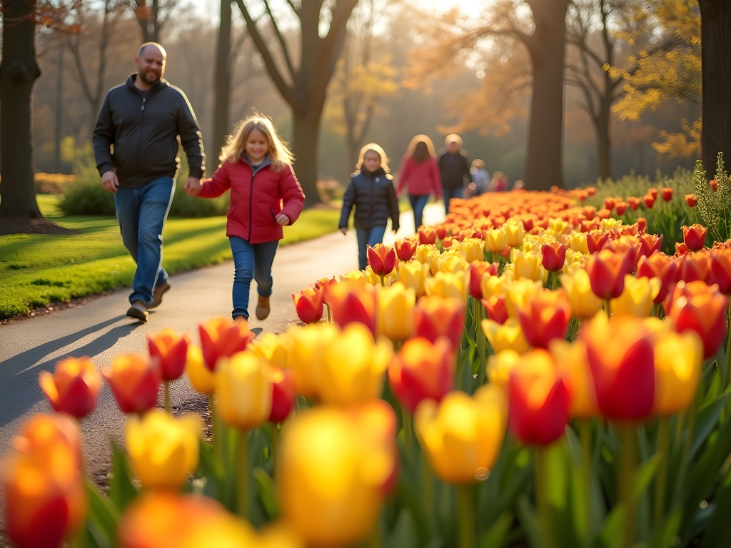 Family enjoying spring tulip displays at Tanger Family Bicentennial Garden in Greensboro