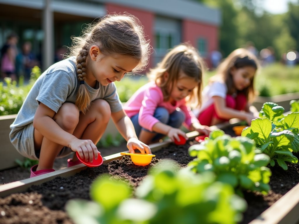 Children learning about gardening at Greensboro Children's Museum outdoor area