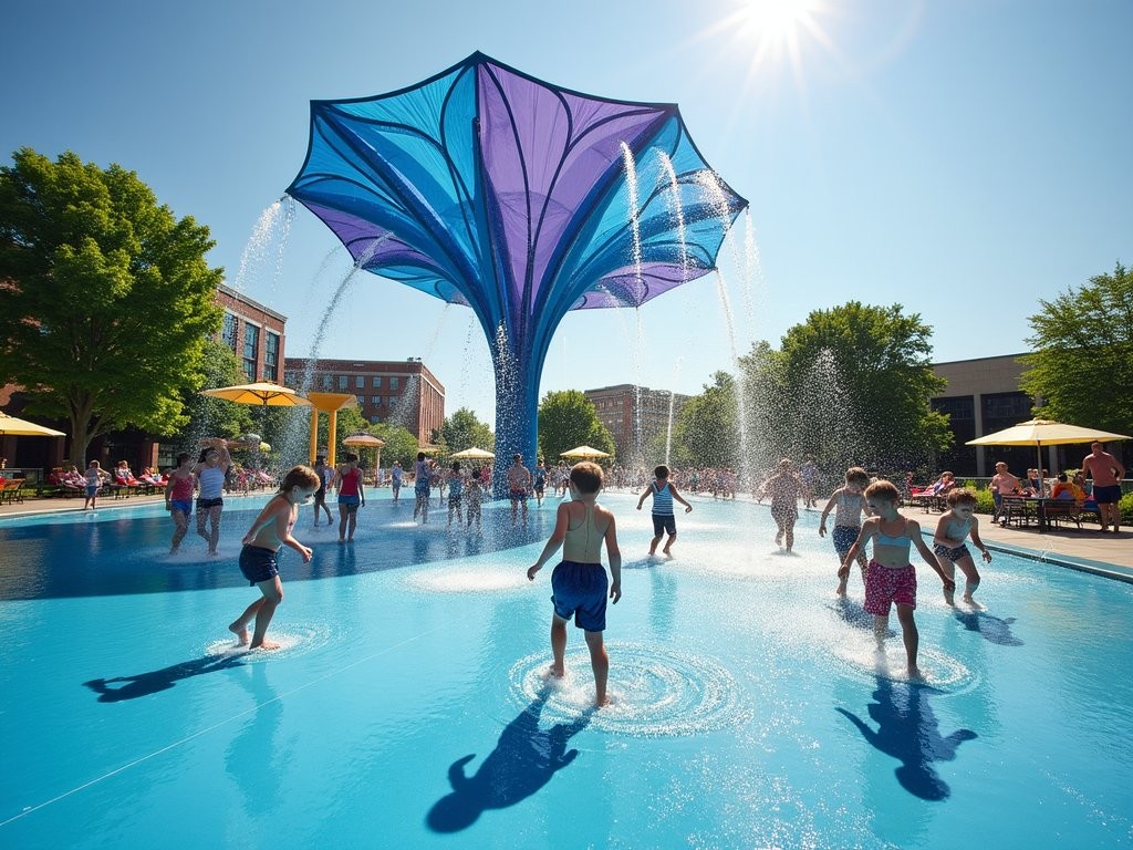 Children playing in splash pad at LeBauer Park Greensboro