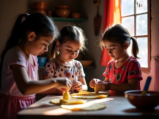 Children learning to make traditional tortillas with Guatemalan grandmother in home kitchen