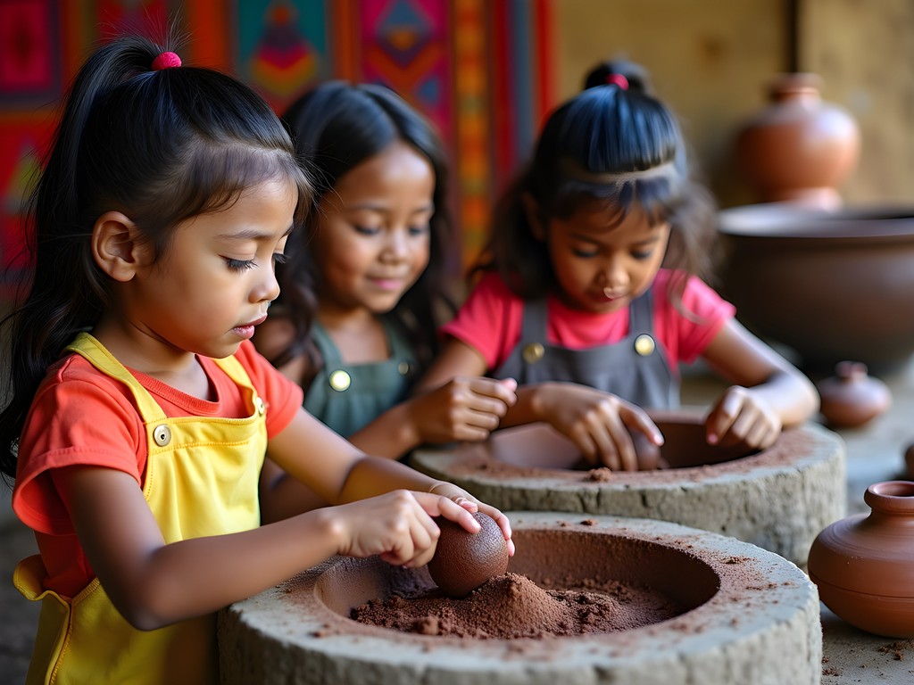 Children participating in traditional chocolate making workshop in Guatemala City