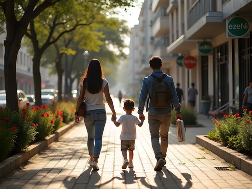 Family safely exploring tree-lined streets in Zona 10, Guatemala City