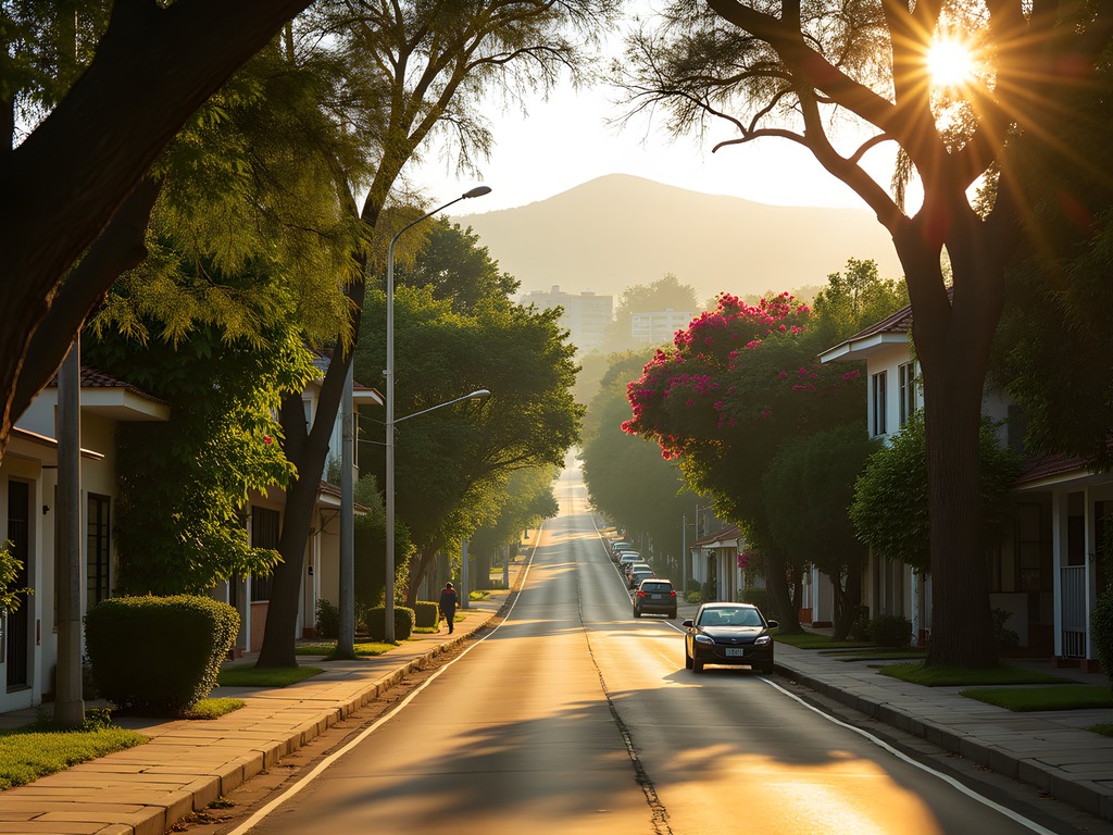 Morning view of tree-lined streets in Zona 10, Guatemala City with mountains in background
