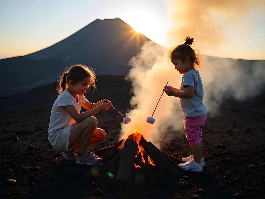 Family roasting marshmallows over volcanic vents at Pacaya Volcano near Guatemala City