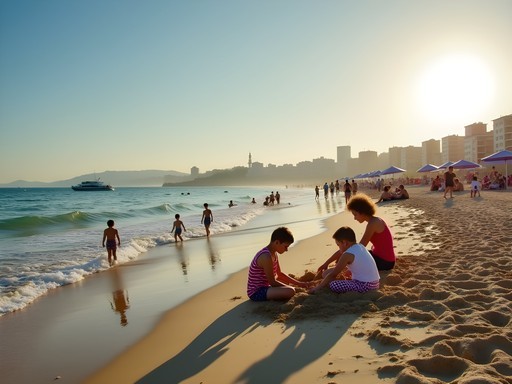 Families enjoying Bat Galim Beach in Haifa with Mount Carmel in the background