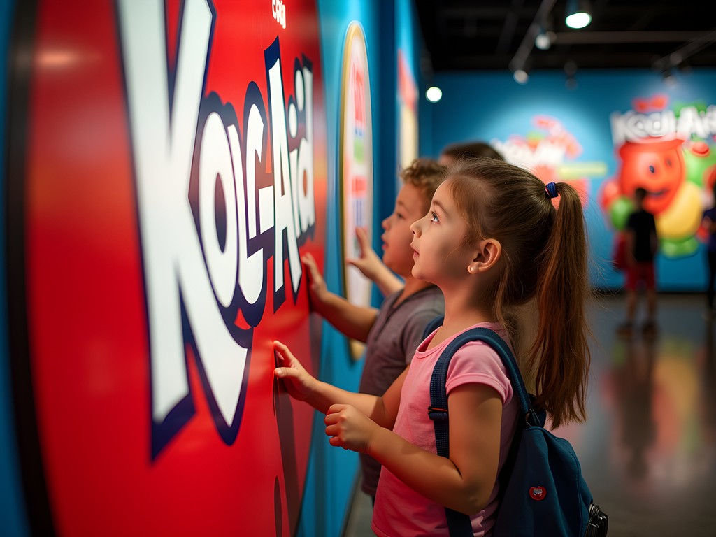 Children interacting with colorful Kool-Aid history exhibit at Hastings Museum