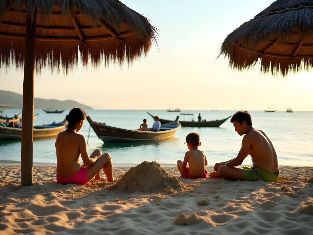 Family relaxing at An Bang Beach near Hoi An, Vietnam