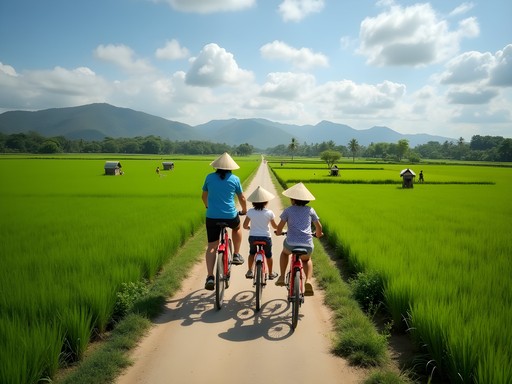 Family cycling through rice fields near Hoi An, Vietnam