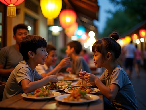 Family enjoying street food at Hoi An night market