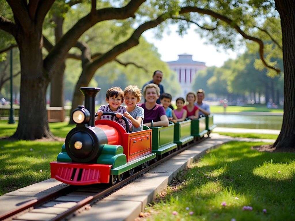 Families riding the Hermann Park Railroad through lush gardens