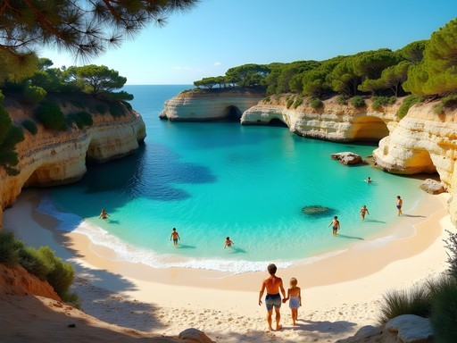 Family enjoying the shallow waters at Cala Llenya beach in Ibiza