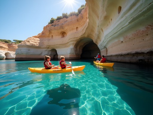 Family kayaking expedition exploring sea caves along Ibiza's northern coastline