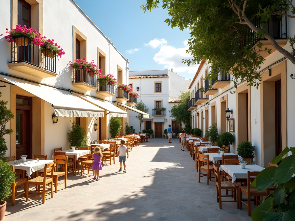 Family exploring the charming whitewashed streets of Santa Gertrudis village in Ibiza