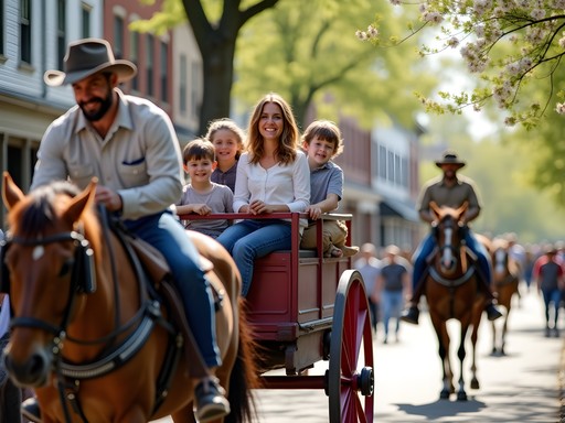 Family enjoying covered wagon tour through historic Independence Missouri