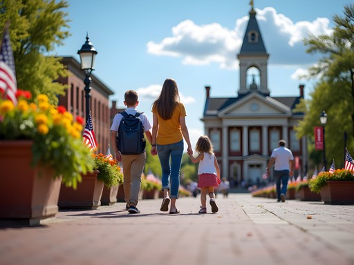Family exploring historic Independence Square with courthouse in background