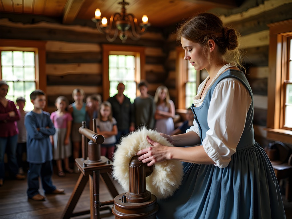 Historical interpreter demonstrating wool spinning at Conner Prairie living history museum
