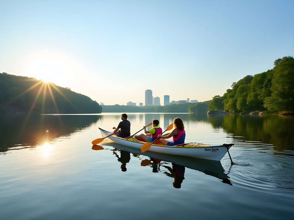 Family kayaking on Eagle Creek Reservoir with city skyline visible in distance