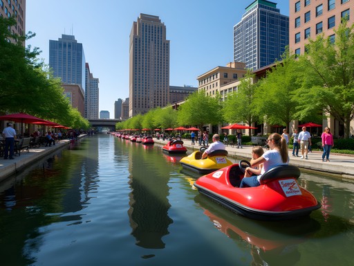 Colorful pedal boats on the Indianapolis Canal Walk with downtown buildings in background